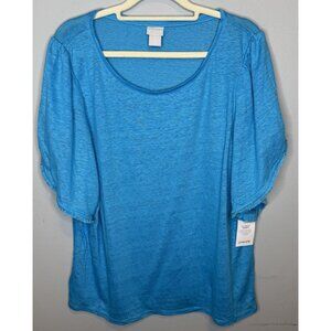 Chicos 2 Top Linen Knit Top Flutter Short Sleeve New Large Women’s 12 Blue